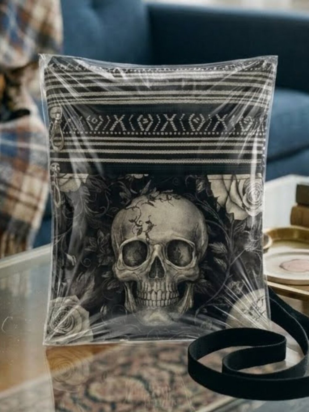 Gothic Skull Crossbody Bag Black White Rose Boho Messenger Purse Festival Goth - Picture 4 of 4